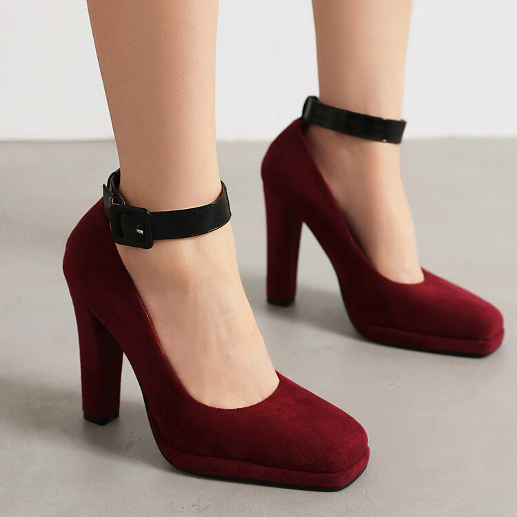 Women's Shallow Buckles Ankle Strap Chunky Heel Pumps