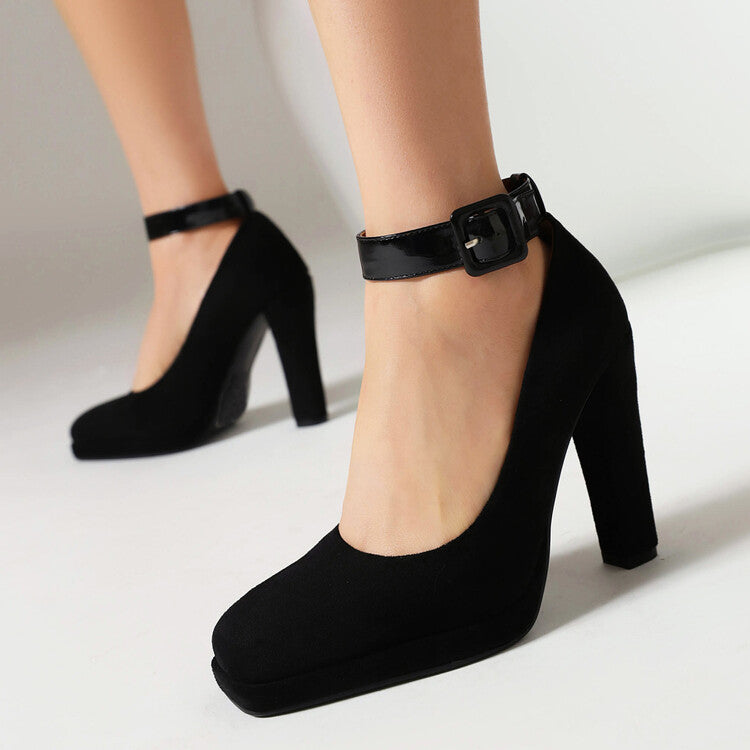 Women's Shallow Buckles Ankle Strap Chunky Heel Pumps