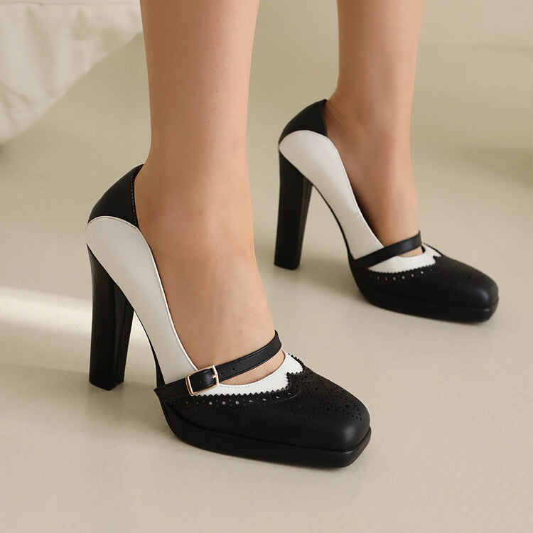 Women's Bicolor Chunky Heel Mary Jane Platform Pumps