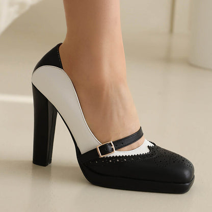 Women's Bicolor Chunky Heel Mary Jane Platform Pumps