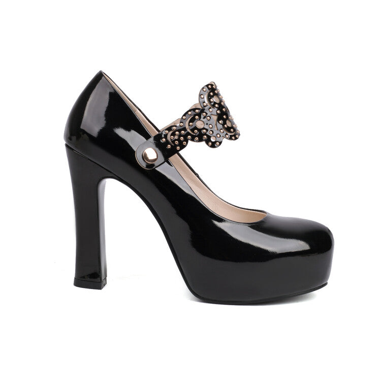 Women's Studded Chunky Heel Mary Jane Platform Pumps