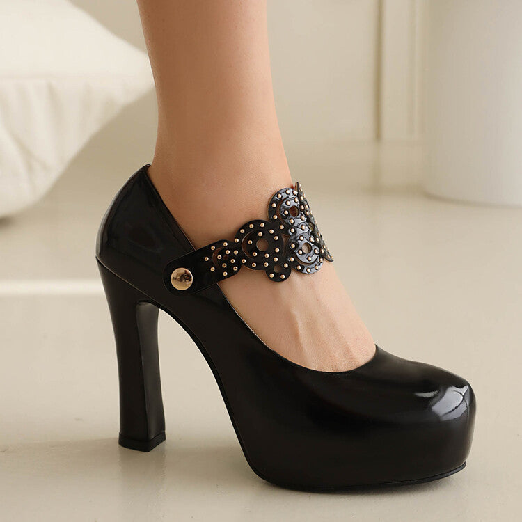 Women's Studded Chunky Heel Mary Jane Platform Pumps