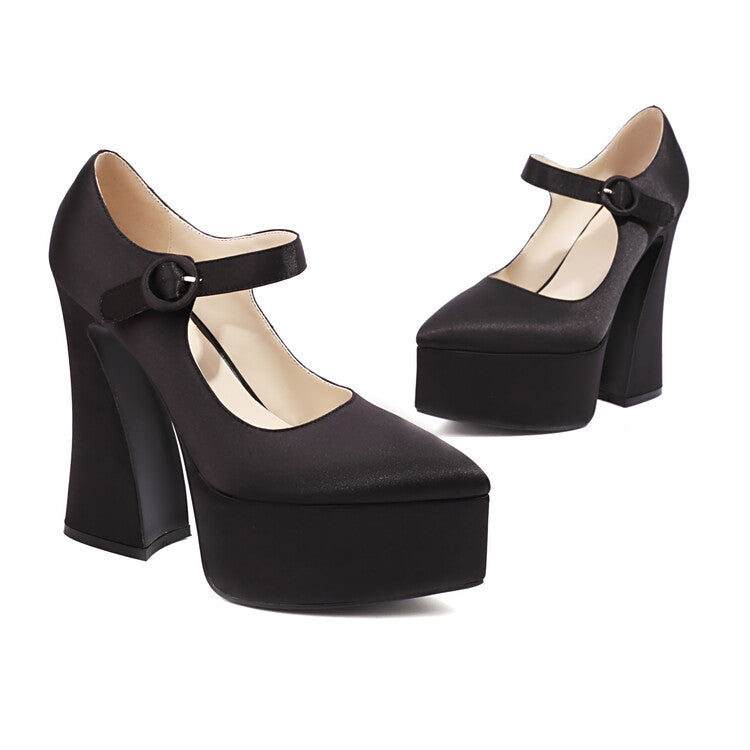 Women's Stain Pointed Toe Straps Buckles Spool Heel Mary Jane Platform Pumps