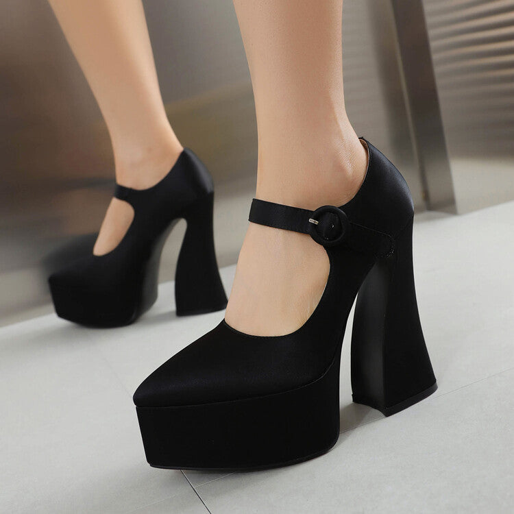Women's Stain Pointed Toe Straps Buckles Spool Heel Mary Jane Platform Pumps