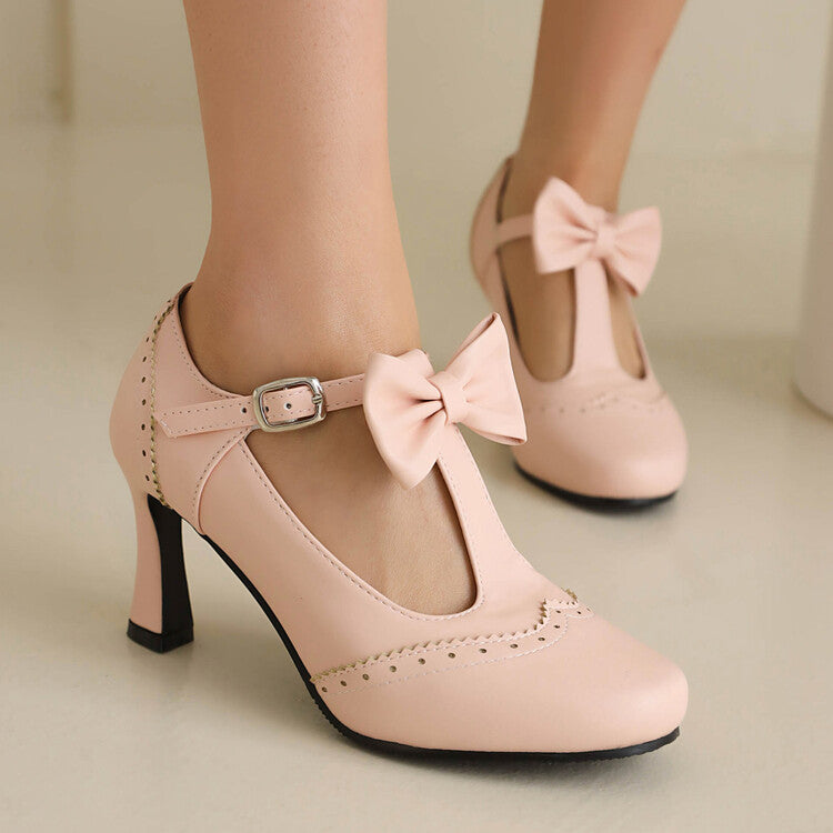 Women's Round Toe Carved T Strap Bow Tie Spool Heel Mary Jane Pumps