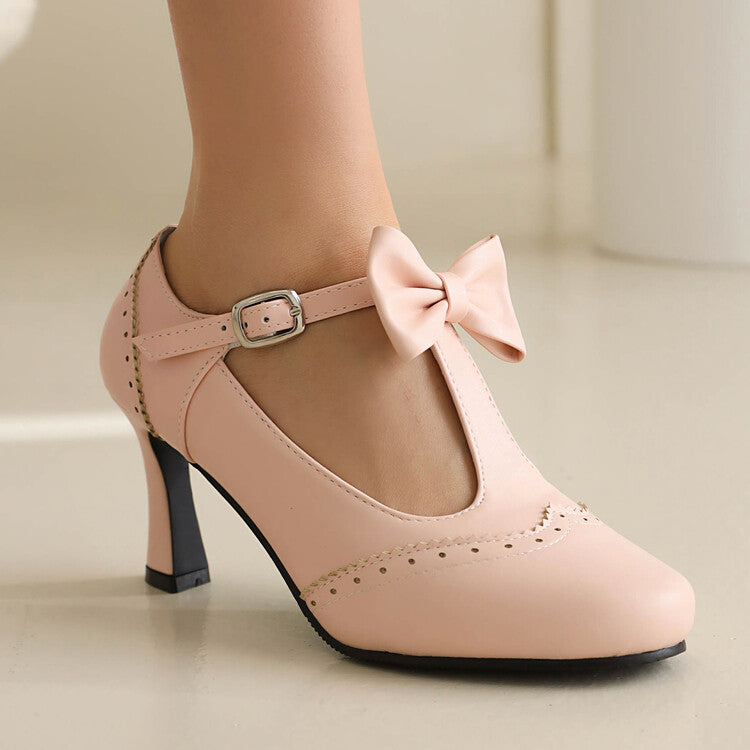 Women's Round Toe Carved T Strap Bow Tie Spool Heel Mary Jane Pumps