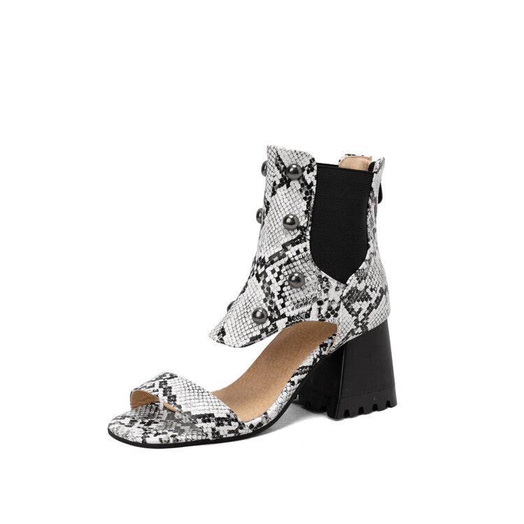 Women's Snake-Printed Open Toe Stretch Block Chunky Heel Sandals