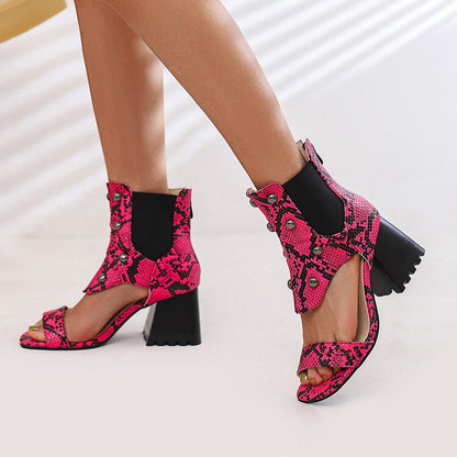 Women's Snake-Printed Open Toe Stretch Block Chunky Heel Sandals