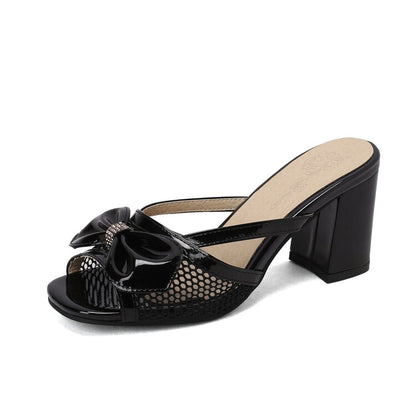 Women's Open Toe Bow Tie Mesh Block Heel Slides