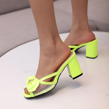 Women's Open Toe Bow Tie Mesh Block Heel Slides