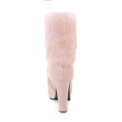 Women's Booties Round Toe Fold Fur Block Chunky Heel Platform Short Boots