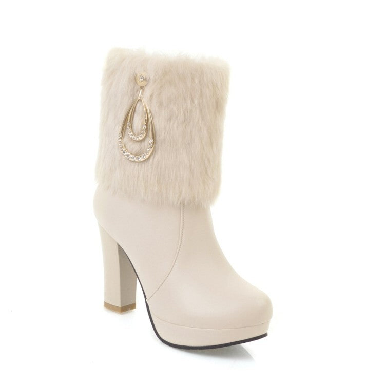 Women's Booties Round Toe Fold Fur Block Chunky Heel Platform Short Boots