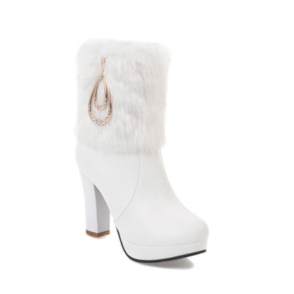 Women's Booties Round Toe Fold Fur Block Chunky Heel Platform Short Boots