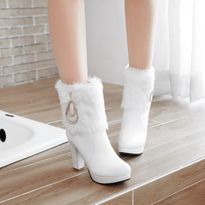 Women's Booties Round Toe Fold Fur Block Chunky Heel Platform Short Boots