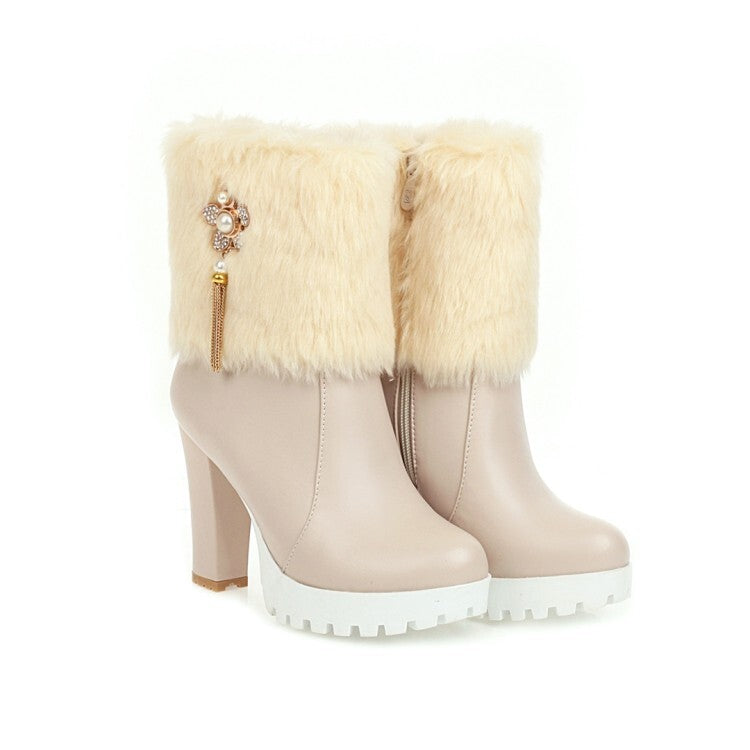 Women's Round Toe Fold Fur Rhinestone Flowers Block Chunky Heel Platform Short Boots