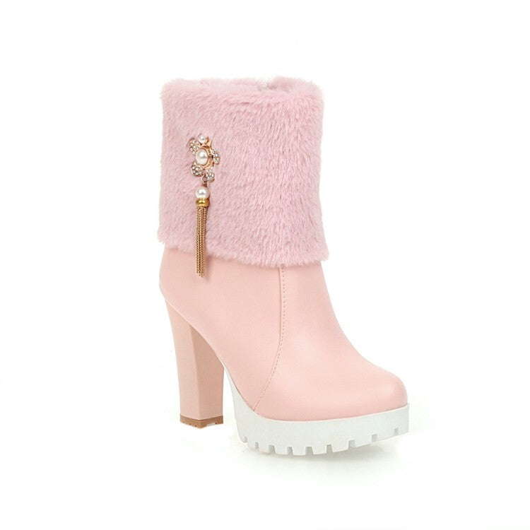 Women's Round Toe Fold Fur Rhinestone Flowers Block Chunky Heel Platform Short Boots