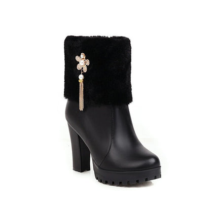 Women's Round Toe Fold Fur Rhinestone Flowers Block Chunky Heel Platform Short Boots