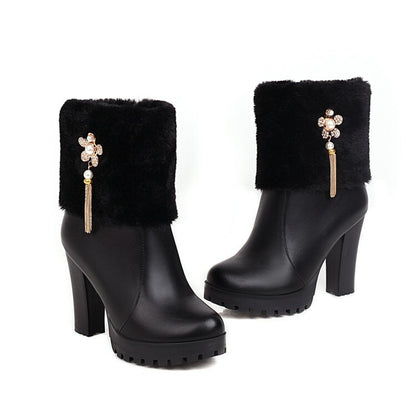 Women's Round Toe Fold Fur Rhinestone Flowers Block Chunky Heel Platform Short Boots