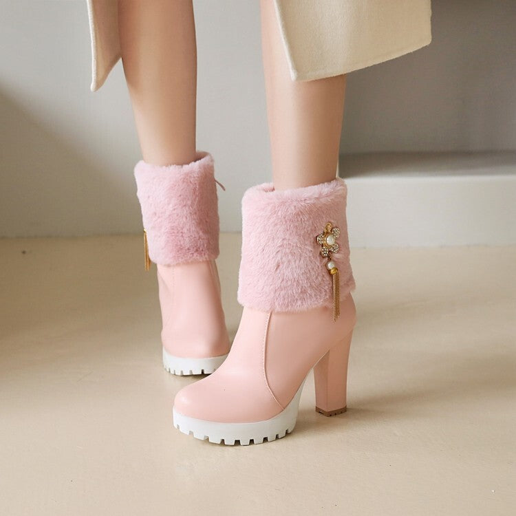 Women's Round Toe Fold Fur Rhinestone Flowers Block Chunky Heel Platform Short Boots