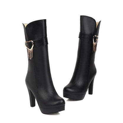 Women's Love Hearts Buckles Tassel Block Chunky Heel Platform Mid-Calf Boots