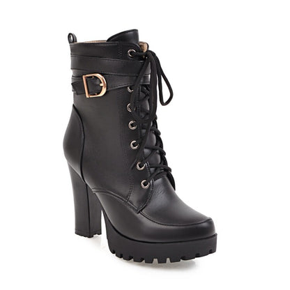 Women's Booties Round Toe Lace-Up Block Chunky Heel Platform Short Boots