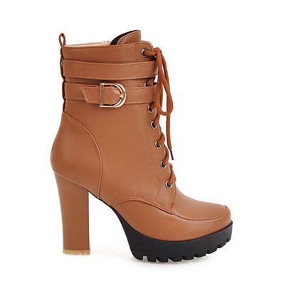 Women's Booties Round Toe Lace-Up Block Chunky Heel Platform Short Boots