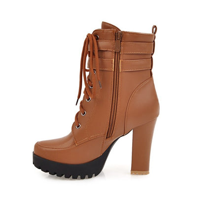 Women's Booties Round Toe Lace-Up Block Chunky Heel Platform Short Boots