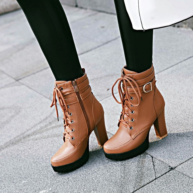 Women's Booties Round Toe Lace-Up Block Chunky Heel Platform Short Boots