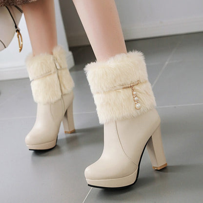 Women's Booties Fur Fold Block Chunky Heel Platform Short Boots