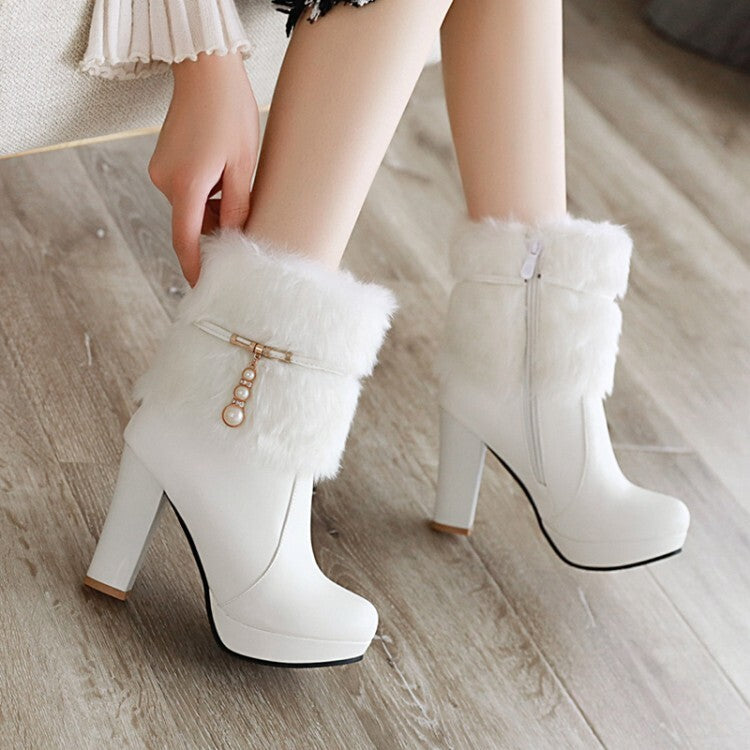 Women's Booties Fur Fold Block Chunky Heel Platform Short Boots