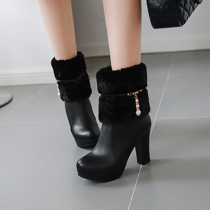 Women's Booties Fur Fold Block Chunky Heel Platform Short Boots