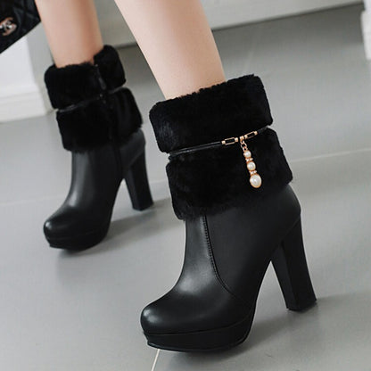 Women's Booties Fur Fold Block Chunky Heel Platform Short Boots