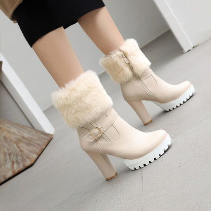 Women's Booties Fold Side Zippers Buckle Straps Block Chunky Heel Platform Short Boots