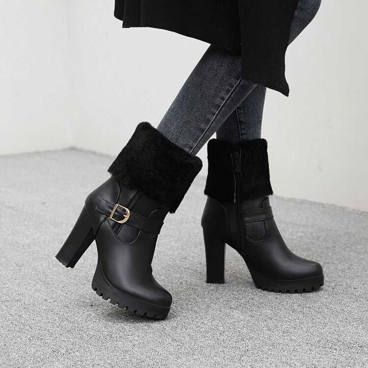 Women's Booties Fold Side Zippers Buckle Straps Block Chunky Heel Platform Short Boots