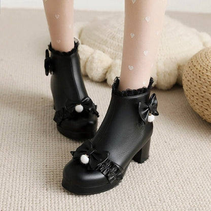 Women's Booties Lolita Lace Bows Block Chunky Heel Platform Short Boots