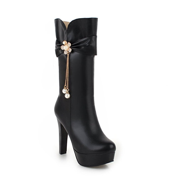 Women's Round Toe Rhinestone Flowers Block Chunky Heel Platform Mid-Calf Boots