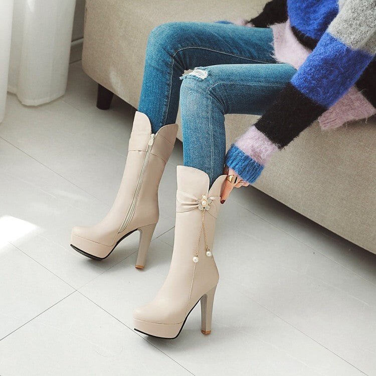 Women's Round Toe Rhinestone Flowers Block Chunky Heel Platform Mid-Calf Boots