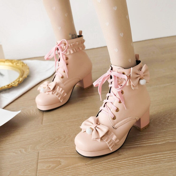 Women's Booties Lolita Bows Lace-Up Block Chunky Heel Platform Short Boots