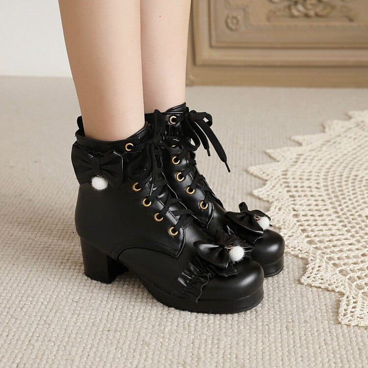 Women's Booties Lolita Bows Lace-Up Block Chunky Heel Platform Short Boots