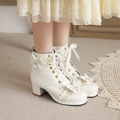 Women's Booties Lolita Bows Lace-Up Block Chunky Heel Platform Short Boots