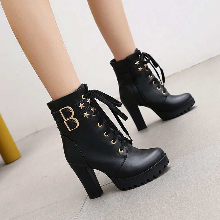 Women's Booties Stars Buckles Lace-Up Block Chunky Heel Platform Short Boots