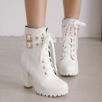 Women's Booties Stars Buckles Lace-Up Block Chunky Heel Platform Short Boots