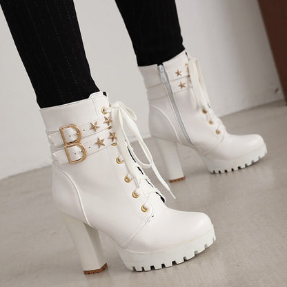 Women's Booties Stars Buckles Lace-Up Block Chunky Heel Platform Short Boots