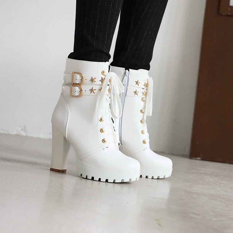 Women's Booties Stars Buckles Lace-Up Block Chunky Heel Platform Short Boots