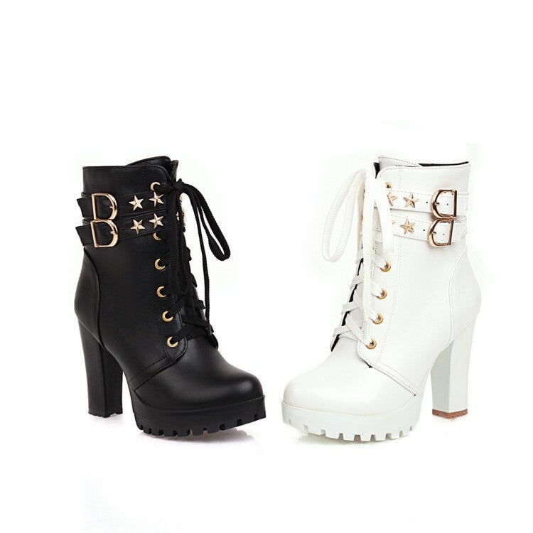 Women's Booties Stars Buckles Lace-Up Block Chunky Heel Platform Short Boots