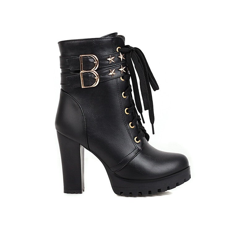 Women's Booties Stars Buckles Lace-Up Block Chunky Heel Platform Short Boots