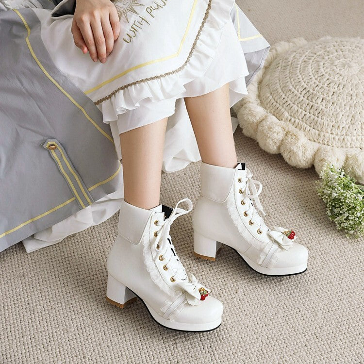 Women's Booties Lace Bows Fold Block Chunky Heel Platform Short Boots