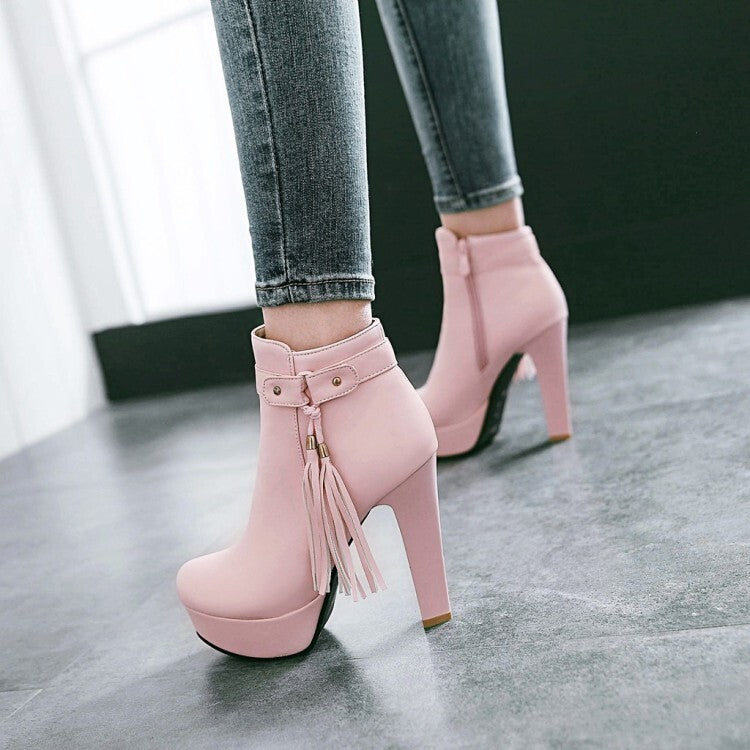 Women's Booties Tassel Side Zippers Block Chunky Heel Platform Short Boots