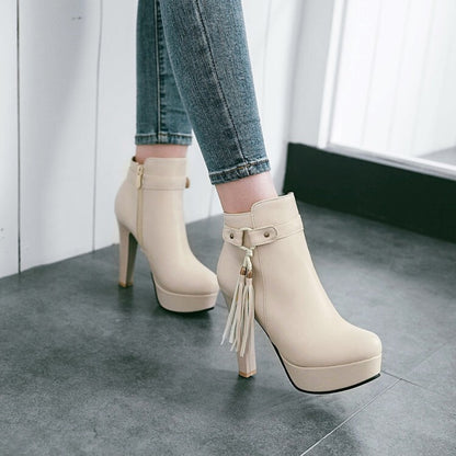 Women's Booties Tassel Side Zippers Block Chunky Heel Platform Short Boots