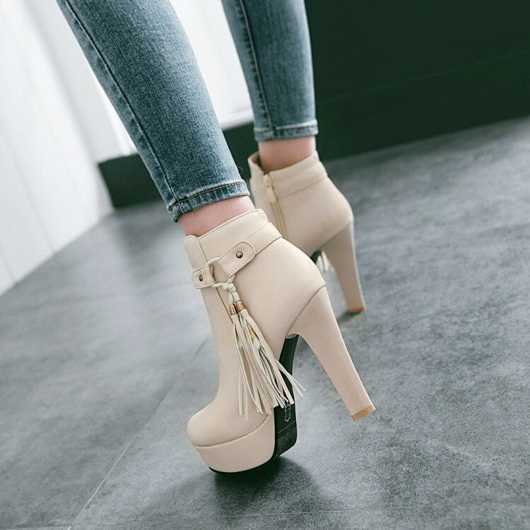 Women's Booties Tassel Side Zippers Block Chunky Heel Platform Short Boots